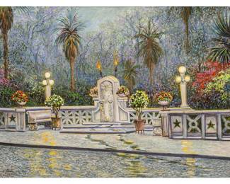 Gilbert Duran (San Antonio, Texas, 1947-2023), Commerce Street bridge (San Antonio, Texas), 2018, oil on canvas, depicting public drinking water sculpture "The First Inhabitant", installed in 1915, flanked by two sculptural street light plinths

sight: 34.5 x 47 in., frame: 48 x 59.5 in.