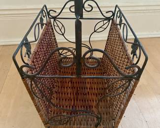 ANTIQUE  RATTAN AND METAL MAGAZINE, BOOK BASKET
