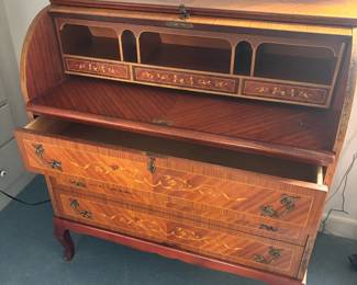 1960's Marquetry Cylinder Secretary Desk