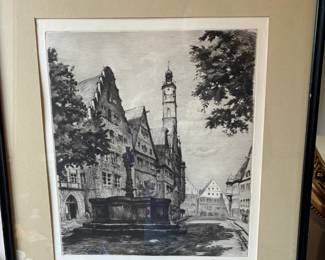 Framed Etching "Rothenburg O.T. Herngasse" by R. Bach