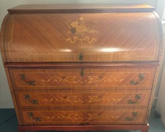 1960's Marquetry Cylinder Secretary Desk