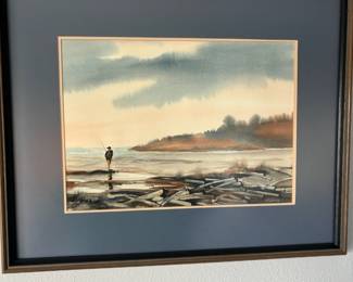 Framed & Matted Watercolor of Man Fishing by Roderti