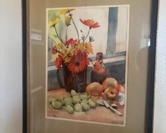 Framed & Matted Watercolor Fruit and Floral Still Life by J. Dumas