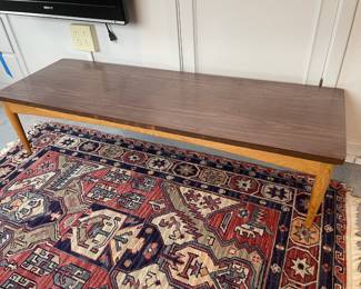 Caucasian Kazak Oriental Rug –  3.25 ft x 4.75 ft, Mid Century Wood Laminate Coffee Table with Tapered Legs