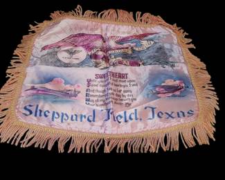 Vintage World War II sweetheart silk pillowcase Shepherd Field Texas u.s. air corps