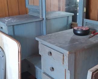 Fantastic drop front trifold antique vanity blue milk paint dovetailed drawers ( we have to reattach one of the mirrors) 