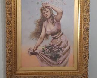 Please leave your number if you are interested in this huge oil painting.  We originally thought that the person that was buying the house was going to keep the painting. However we are unsure of the sale of the house so if you're interested in the house. Please leave your contact information.
I have to do further research on the painting before. 
The original sold was reverse painting on glass. That painting sold for $400 on invaluable- that was resold by Christie's Auction for over 29,000! 
It would be lovely to sell the painting however it would be doing my client and myself and Justice by doing so without proper research.

Edouard Bisson (1856-1939) 