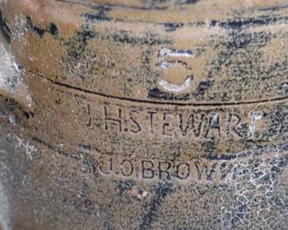 5 gallon alkaline pottery jug signed  J.H. Stewart & J. O. Brown
