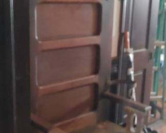 Antique mission style Oak Hall tree with lift up seat and place for umbrellas