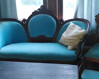 Beautiful blue velvet Victorian sofa and chairs with stool ( More pictures to post Just as I started taking pictures the light bulbs blew)