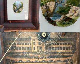 Beautiful flame Stitch mahogany antique mantle clock reverse painting on glass