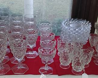 Early American Fostoria stemware and plates and all different sizes of glasses water goblets champagne wine Juice and tea glasses