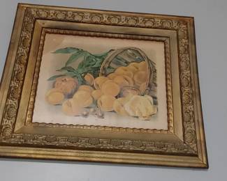 This is a gorgeous lithograph antique fruit print of peaches in an ancestor frame ( way up high) we will bring it down