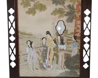 Beautiful Oriental antique lithograph with mahogany cut out frame