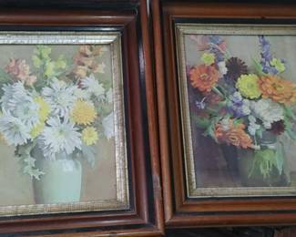 Fantastic floral prints in Mahogany ancestor antique frames with wooden back