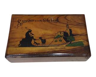 1940s World War II souvenir box made of olive wood Jerusalem and contents