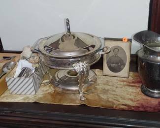 Sterling silver cups and silver plated serving pieces