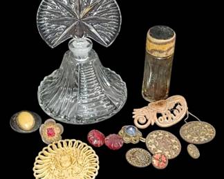 Antique cut glass perfume bottle vintage buttons Etc