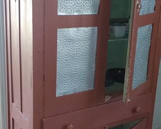 Painted red pine punched tin pie safe