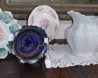 ReS Prussia Bowl 
Cobalt blue  Carnival Glass bowl with acorns
Ironstone pitcher and more