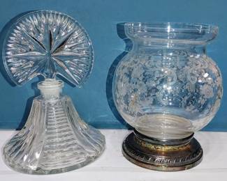 Vintage Crystal perfume bottle beautiful Crystal etched vase with sterling silver base