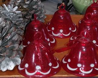 Set of 3 MCM Irwin Red Plastic Stenciled Bells w/Jingle Bells