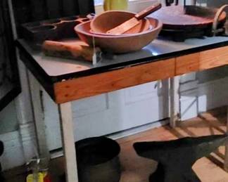 Antique Hoosier table porcelain white and black top
Vintage dough balls antique General Store hoop cheese slicer & more! 