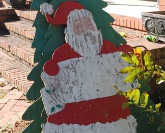 Vintage wooden Santa and three Wooden Christmas trees yard decorations