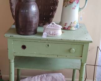 Vintage green milk paint table Oak split basket and Southern alkaline pottery