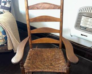 Early American Walnut Ladder Back Rocking Chair w/ Double Sided Split Reed Seat