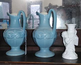 RAIR PAIR BLUEV Redwing Pottery 8-3/8" Pitcher Vase #1081
Embossed 8-Sided Abstract Design (c. 1940s)
