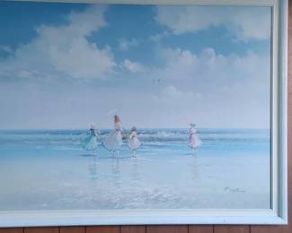 Large oil on canvas girls playing in the ocean