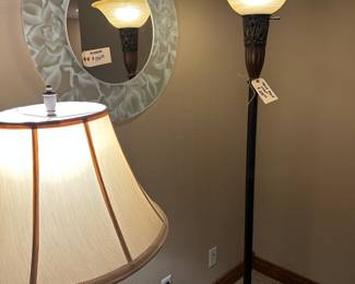 Glass frame mirror, torch style floor lamp