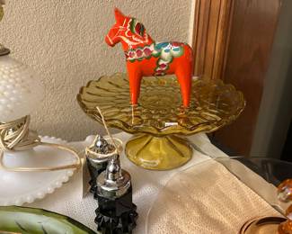 Vintage glass cake plate, salt and peppers, milk glass lamp