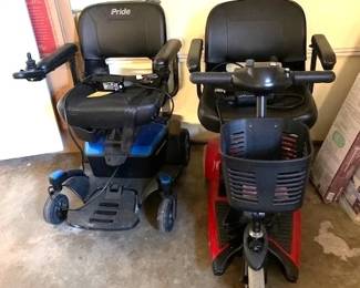 Pride Go Chair on the left and Pride Travel Pro Mobility Scooter on the right - Both will need new batteries.