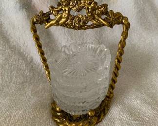 Vintage brass and pressed glass condiment set