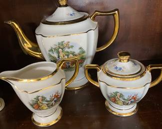 China Cabinet - 3 piece tea set - sugar with lid, creamer, & teapot - all with gold accents