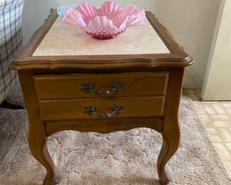 Two end tables next to second sofa - Pink ruffle edge Fenton bowl