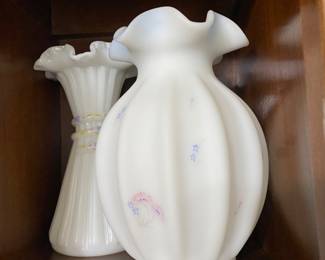 Vase in China cabinet - opalescent in front; behind is milk glass bud vase - China cabinet