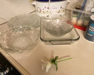 Pyrex, plates, bowls, glass & ceramic rose - crock pot in back