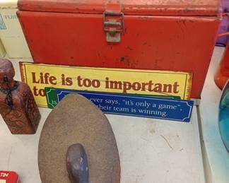 cork decoy and vintage cooler