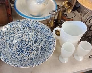 pitcher and bowls with some milk glass