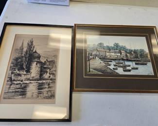 vintage signed framed drawings