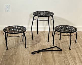(4pc) IRON PLANT STANDS | Including 3 cast iron plant stands and hook - h. 15 x dia. 12 in (largest)