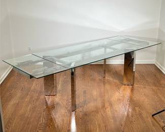 CALLIGARIS "TOWER" MODERN GLASS DINING TABLE | Having angular chrome frame with rectangular tempered glass top and 2 built-in 20in. leaves; very high quality Italian design and also made in Italy, orig. purchase price was over $5,000! - h. 30 x w. 39.5 x l. 110 in (fully extended)