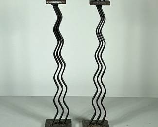 (2pc) MILLSCALE IRON CANDLESTICKS | Bent iron candlesticks from MillScale - h. 15.5 x w. 3 x l. 3 in