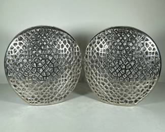 (2pc) PAIR ALUMINUM JALI VASES | Round aluminum vases with geometric patterns cut through sides and opening on top - h. 14.5 x w. 4 x l. 14 in