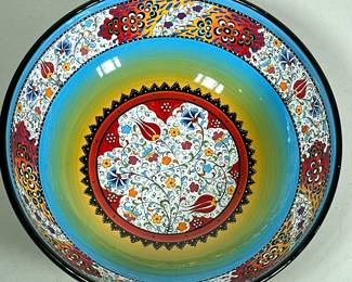 COLORFULLY GLAZED BOWL | Colorfully glazed serving bowl with flowers - h. 4 x dia. 12 in