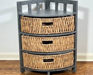 CORNER SHELVING UNIT | Having 3 wicker drawers - h. 27.5 x w. 15.5 x l. 15.5 in