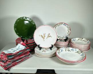 (26pc) LARGE LOT CHRISTMAS DISHES | Including: set of 8 green & red Maioliche Jessica Christmas plates, set of 4 Papart reindeer dishes, set of 12 Papart Christmas bowls, 2 Papart Christmas serving bowls, and napkins - h. 2.5 x dia. 11.5 in (largest)